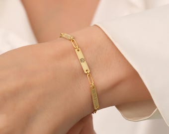 Custom Mini Bar Name Bracelet, Paperclip Chain Bracelet, Engraved Name Bracelet, Link Chain Bracelet, Stackable Bracelet
