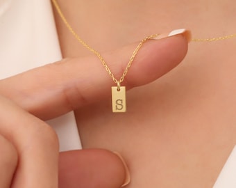Tiny Tag Initial Necklace, Rectangle Necklace, Dainty Letter Necklace, Monogram Necklace, Custom Engraved Necklace