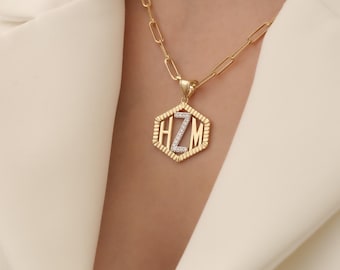 Family Necklace, Custom Block İnitial Necklace, Pave Letter Necklace, Statement Piece Necklace, Paperclip Chain Necklace