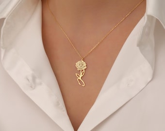 Birth Flower Necklace, Name Necklace, Custom Necklace, Floral Necklace, Personalized Combined, Personalized Letter Necklace
