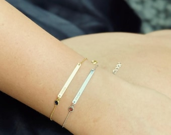 Personalized Bar Bracelet with Birthstone Charm Bracelet, Engraved Name Bracelet, Dainty Bracelet, Lucky Bracelet