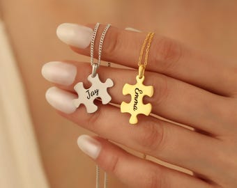 Couple Necklace, Puzzle Piece Necklace, Tiny  Necklace, Love Friendship Sharing Pendant, Necklace Pair, Custom Initial Necklace