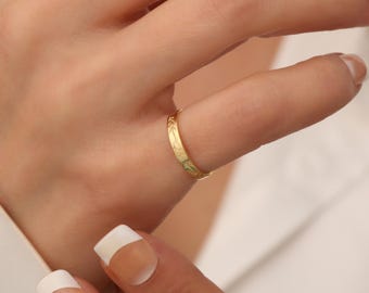 Skinny Custom Name Ring, Custom Dainty Gold Letter Ring, Engraved Skinny Ring, Stackable History Ring, Birth Flower Ring