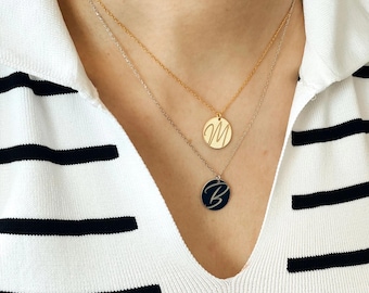 Initials Monogram Necklace, Engraved Disc Pendant, Name Necklace, Celebrity Circle Necklace, Letter Pendant, Personalized Necklace