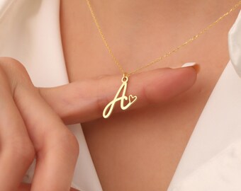 Personalised Initial Heart Pendant Name Necklace, Minimalist Letter Necklace, Custom Letter Necklace, Tiny Personalized Name Necklace