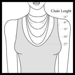 May include: A line drawing of a person wearing a tank top with different lengths of necklaces, labeled with measurements in inches: 14", 16", 18", 20", 22". The text "Chain Lenght" is at the top of the image.