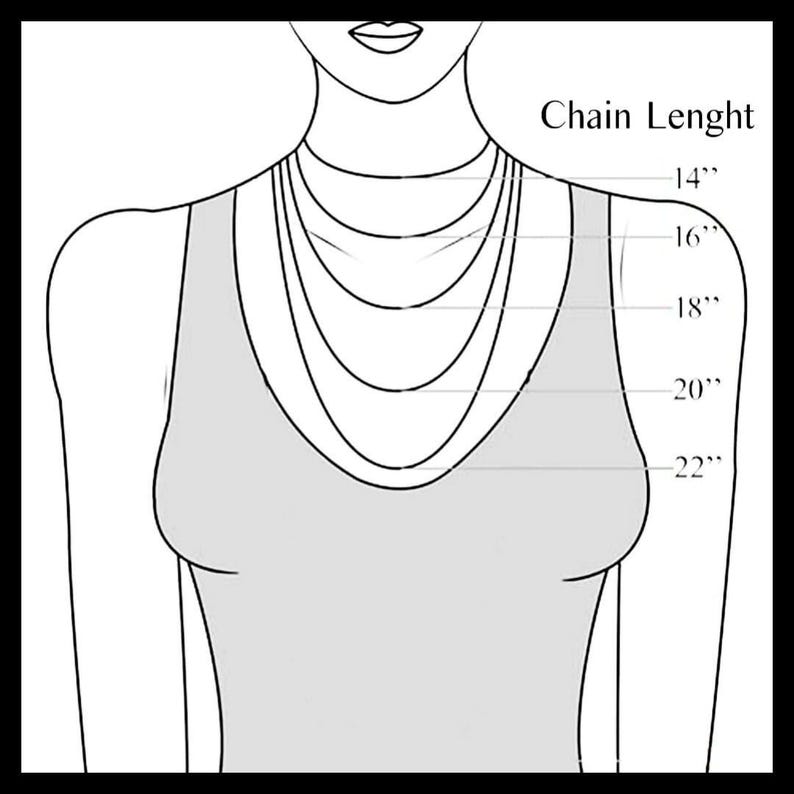 May include: A line drawing of a person wearing a tank top with different lengths of necklaces, labeled with measurements in inches: 14", 16", 18", 20", 22". The text "Chain Lenght" is at the top of the image.