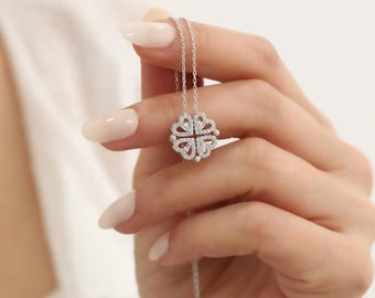 Magnetic 4 Leaf Clover Heart 14K Gold Necklace, Lucky Necklace, Four Leaf Clover Pendant Necklace, Cubic Zirconia Necklace