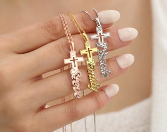 Cross Name Necklace, 925K Silver Cross Necklace, Custom Letter Necklace, Christian Religious Necklace, Crucifix Necklace
