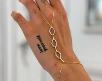 Dainty Gold Hand Chain Bracelet, Hexagon Stone Hand Chain, Minimalist Slave Bracelet, Zircon Slave Bracelet, Boheme Hand Chain