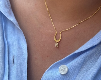 Horseshoe Necklace, Custom Horseshoe, Tiny Stone Letter Necklace, Personalized Initial Charm Necklace, Good Luck Symbol Pendant