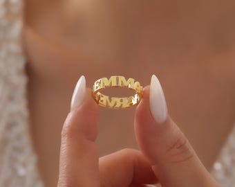 Personalized Heart Ring, Custom Name Heart Ring, Engraved Heart Band Ring, Gold Heart Ring, Gift for Her, Valentine's Day Gift LOVE RİNG