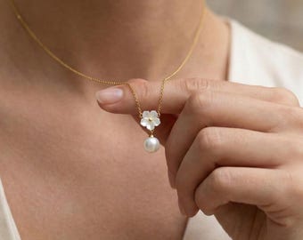 Delicate Floral Pearl Pendant, Hand Bridal Necklace, Wedding Necklace, Elegant Weddings, Bridal Gift, Drop Necklace