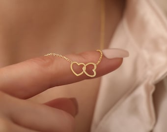 925K Silver Minimalist Double Heart Necklace, Dainty Heart Link Necklace, Two Heart Necklace, Interlocked Hearts Necklace