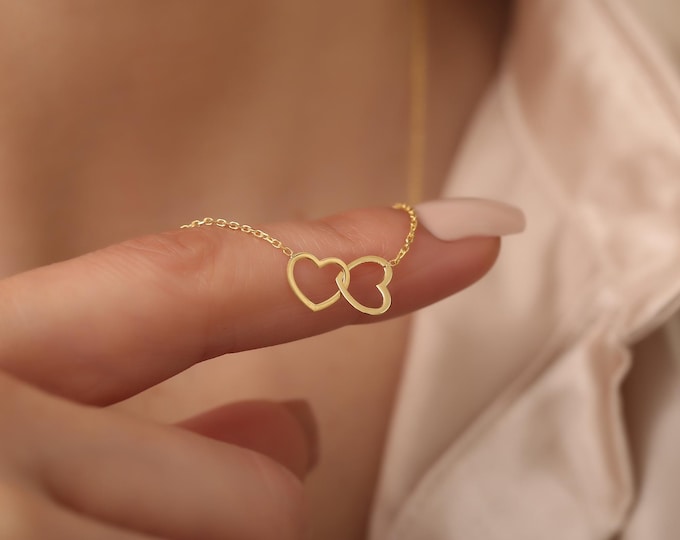 Featured listing image: 925K Silver Minimalist Double Heart Necklace, Dainty Heart Link Necklace, Two Heart Necklace, Interlocked Hearts Necklace