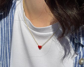 Red Heart Necklace, Tiny Charm Necklace, Dainty Silver Necklace, Puffed Necklace, Love Necklace