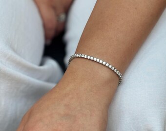 Dainty Filled Tennis Bracelet, Minimalist Stacking Bracelet, Round Cut Bracelet, Bridal Bracelet, Silver Bracelet for Men Women