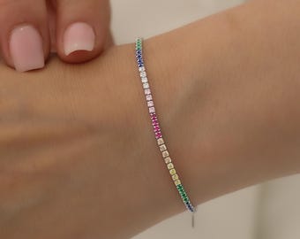 Handmade Rainbow Tennis Bracelet, Dainty Bracelet for Women, 925 Sterling Silver Bracelet, Multi-color Gemstone Bezel Set Bracelet