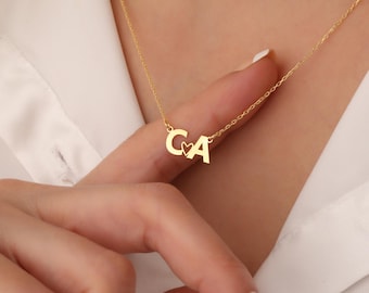 Two Letters Heart Necklace, Gold Love Necklace, Sterling Silver necklace, Custom Necklace, Personalized Couple Necklace