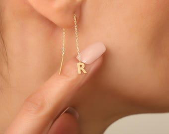 Minimalist Letter Dangle Earrings, Long Chain Threader Earrings, Personalized Earring, Initial Earrings