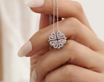 Four Leaf Clover Heart Magnetic Necklace, Clover Luck Necklace, Pink Heart Stone, Collapsible Necklace, Love Necklace