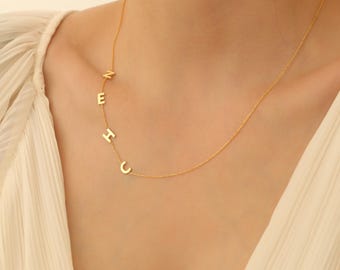 Sideway Initial Necklace, Gold Name Necklace, Trendy Letter Pendant, Alphabet Necklace, Spaced Necklace