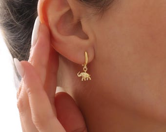 Handcrafted Elephant Charm Huggie Hoop Earrings in Gold Vermeil, Sterling Silver, or 14K Solid Gold, Cute Animal Jewelry