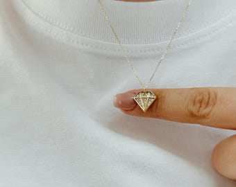 14K Gold Diamond Shape Pendant Necklace, Dainty Gold Necklace, Real Gold Geometric Jewelry, Sparkly CZ Charm