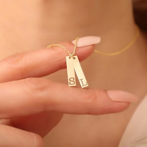 Two Bar Date Necklace, Two Initials Necklace, Vertical Pendant, Custom Letter Necklace, Engraved Necklace, Skinny Bar Necklace