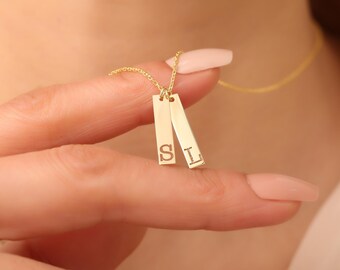 Two Bar Date Necklace, Two Initials Necklace, Vertical Pendant, Custom Letter Necklace, Engraved Necklace, Skinny Bar Necklace