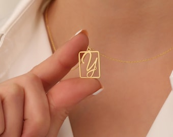 Square Letter Necklace, Minimalist Necklace, Handmade Letter Pendant, Frame Necklace, Leaning Necklace, Custom Initial Necklace