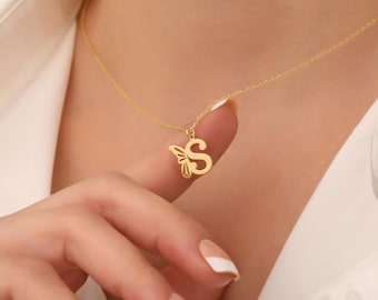 Custom Initial Necklace with Butterfly, Letter Necklace, Sterling Silver Necklace, Charm Necklace, Personalized Name Necklace