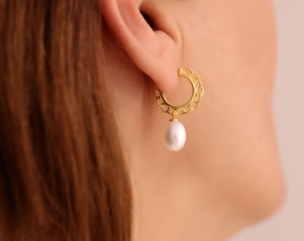 Pearl Earrings, Handmade Earrings, Natural Freshwater Earring, Hoop Earring, Dangling Pearl Earrings, Drop Earrings