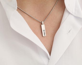 Custom Engraved Bar Necklace, Personalized Name Necklace, Custom Men's Pendant, Engraved Necklace, Snake Chain Pendant