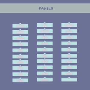 Pu&ograve; includere: Una grafica digitale con la parola "PANELS" in alto. Sotto ci sono tre colonne di pulsanti rettangolari azzurri con testo rosa. I pulsanti contengono parole come "about me", "youtube", "subscribe", "rules", "merch", "friends", "contact", "tiktok", "media" e "playlist".