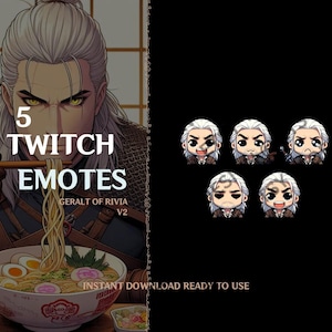 Puede incluir: Cinco emotes de Twitch con un personaje de pelo blanco con diferentes expresiones faciales. Los emotes están etiquetados como "5 Twitch Emotes, Geralt of Rivia V2, Instant Download Ready to Use".