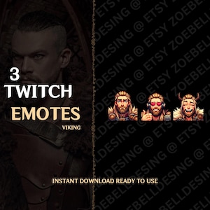May include: Three Twitch emotes featuring a Viking character with different expressions. The emotes are in a cartoon style with a dark background.