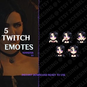 Könnte beinhalten: Fünf Twitch-Emotes mit einem lilahaarigen Charakter mit verschiedenen Ausdrücken. Die Emotes sind mit "Yennerfer V1" und "Sofortiger Download, einsatzbereit" beschriftet.