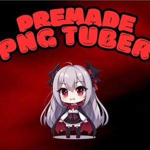 Könnte beinhalten: Eine Cartoon-Illustration eines Vampirmädchens mit langen lila Haaren, das einen schwarzen und roten Umhang und ein schwarzes Kleid mit einer roten Schleife trägt. Der Text "PREMADE PNG TUBER" steht in roten Buchstaben oben im Bild.