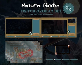 Può includere: Un set di overlay Twitch a tema Monster Hunter con uno schema di colori marrone e blu. L'overlay include un grande schermo per visualizzare il gameplay, uno schermo più piccolo per visualizzare la chat e uno stendardo con il testo "Monster Hunter Twitch Overlay Set".
