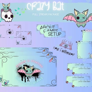 May include: A set of Twitch stream overlays featuring a cartoon bat with a skull and crossbones design. The overlays include a chat box, a new follower alert, a stream starting alert, and a donation alert. The overlays are in a pastel color scheme with pink, blue, and green accents.