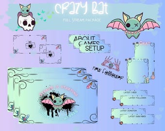 Può includere: Un set di overlay per stream Twitch con un pipistrello dei cartoni animati con un design a forma di teschio e ossa incrociate. Gli overlay includono una chat box, un avviso di nuovo follower, un avviso di inizio dello stream e un avviso di donazione. Gli overlay sono in uno schema di colori pastello con accenti rosa, blu e verdi.