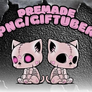 Pode incluir: Dois gatos de desenho animado rosa com costuras e características esqueléticas. Os gatos têm olhos rosa e estão sentados lado a lado. O texto "PREMADE PNG GIF TUBER" está em letras rosa acima dos gatos.