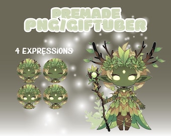 Forest Dryad PNGtuber - Premade Fantasy Character - Antlered Cartoon Model - Green Hat PNG Tuber - Kawaii Chibi Giftuber - Veadotube Mini