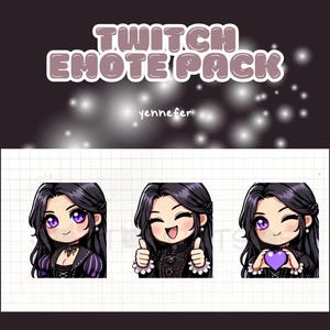 Könnte beinhalten: Ein Set aus drei Twitch-Emojis mit einer Comic-Frau mit langen schwarzen Haaren, violetten Augen und einem schwarzen und violetten Kleid. Die Emojis zeigen verschiedene Ausdrücke: einen neutralen Ausdruck, einen Daumen hoch und ein Herz.