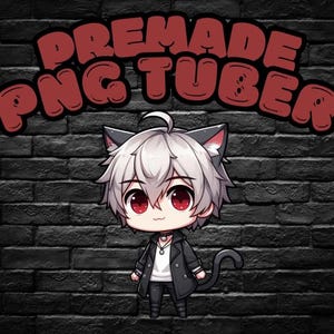 May include: A cartoon illustration of a white-haired character with cat ears, wearing a black jacket, white shirt, and black pants. The character has red eyes and a small smile. The background is a dark brick wall with the text "PREMADE PNG TUBER" in red letters.