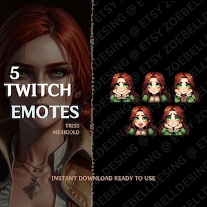 Könnte beinhalten: Fünf Twitch-Emotes mit einer Frau mit roten Haaren und grünen Augen. Die Emotes haben verschiedene Ausdrücke, darunter lächelnd, überrascht und traurig. Der Text "5 Twitch Emotes" und "TRISS MERIGOLD" ist im Bild sichtbar.
