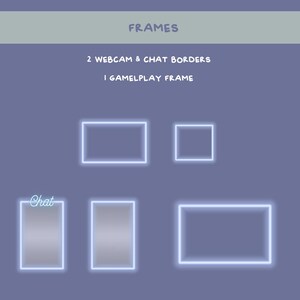 Pu&ograve; includere: Cornici digitali per webcam e bordi chat. L'immagine mostra una collezione di cornici rettangolari e quadrate con un contorno blu brillante su uno sfondo viola. Il testo in alto recita "FRAMES" e sotto, "2 WEBCAM & CHAT BORDERS" e "1 GAMEPLAY FRAME".