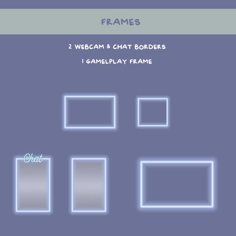 Pu&ograve; includere: Cornici digitali per webcam e bordi chat. L'immagine mostra una collezione di cornici rettangolari e quadrate con un contorno blu brillante su uno sfondo viola. Il testo in alto recita "FRAMES" e sotto, "2 WEBCAM & CHAT BORDERS" e "1 GAMEPLAY FRAME".