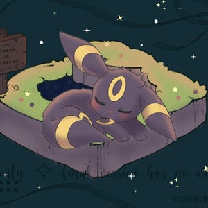 Könnte beinhalten: Illustration eines schlafenden Umbreon-Charakters auf einer kleinen Insel mit einem Schild mit der Aufschrift "Stream is Starting". Das Kunstwerk zeigt einen Halbmond, Sterne und einen dunkelblauen Hintergrund. Das Umbreon ist schwarz mit gelben Akzenten.